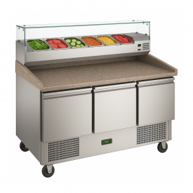 Table à pizza 3 portes plan en granit + vitrine à ingrédients