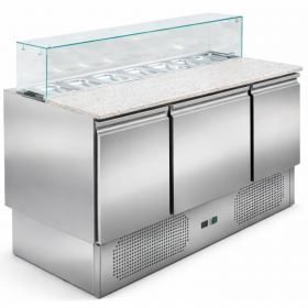 Table de préparation à pizza 3 portes et saladette vitrée