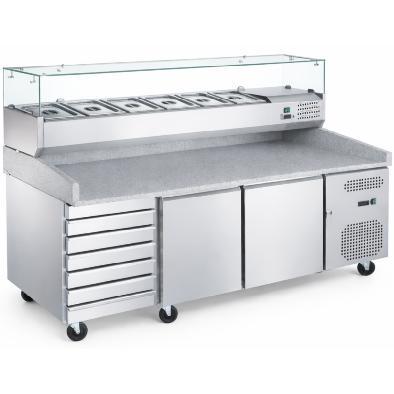 Table à pizza réfrigérée 2 portes avec tiroirs à pâtons et vitrinette