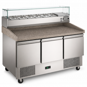 Table à pizza 3 portes plan en granit + vitrine à ingrédients