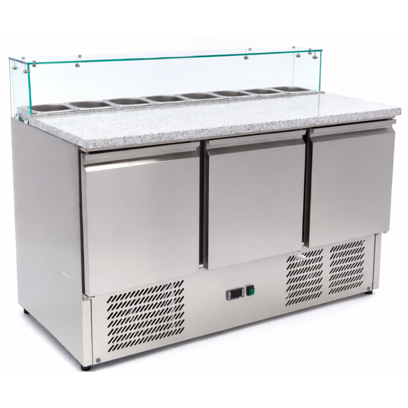 Table de préparation à pizza 3 portes et saladette vitrée