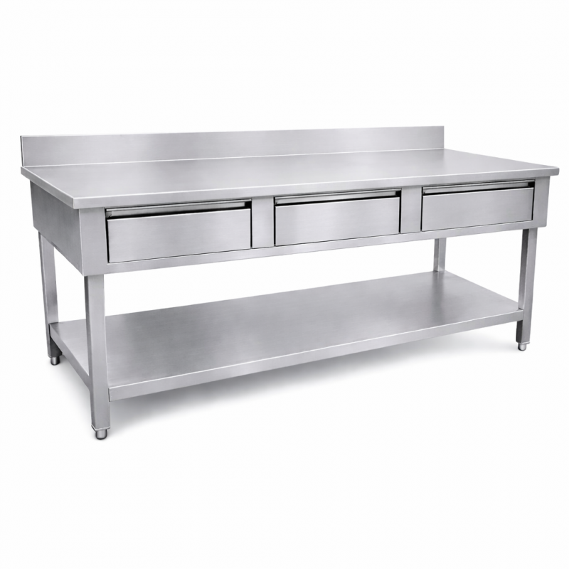 Table inox adossée 1600 x 600 mm avec 3 tiroirs