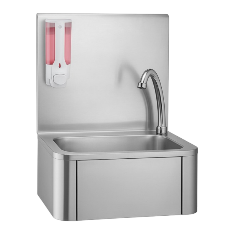 Lave-mains inox avec distributeur à savon et mitigeur à commande fémorale