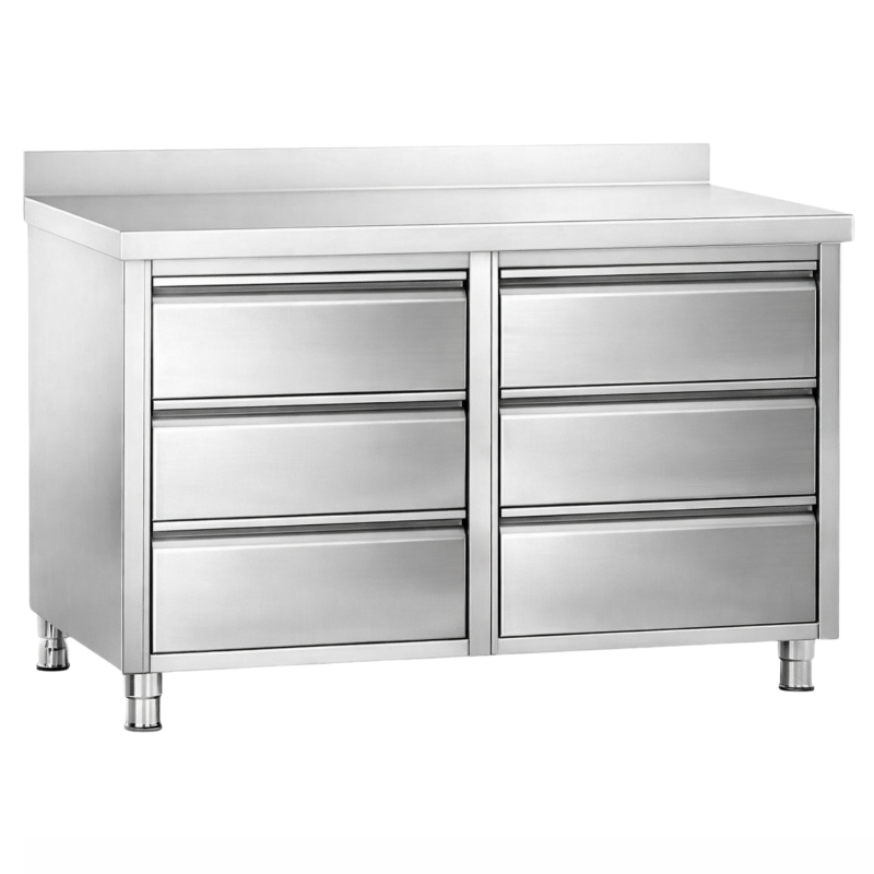 Meuble inox 6 tiroirs avec dosseret 1000 x 700 x 970 mm
