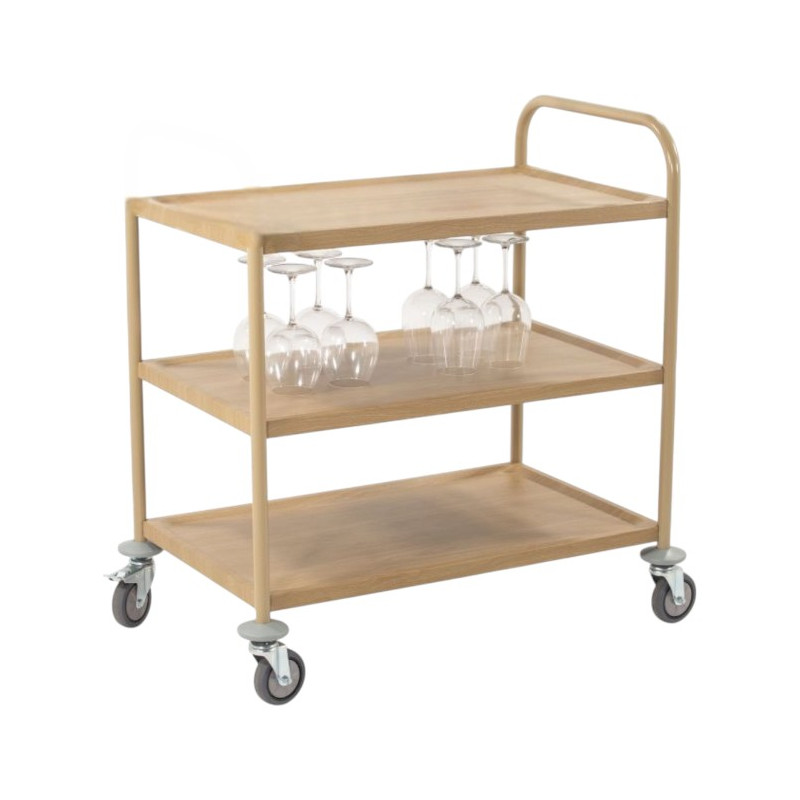 Chariot de Service Imitation Bois - 3 Plateaux et 1 Arceau