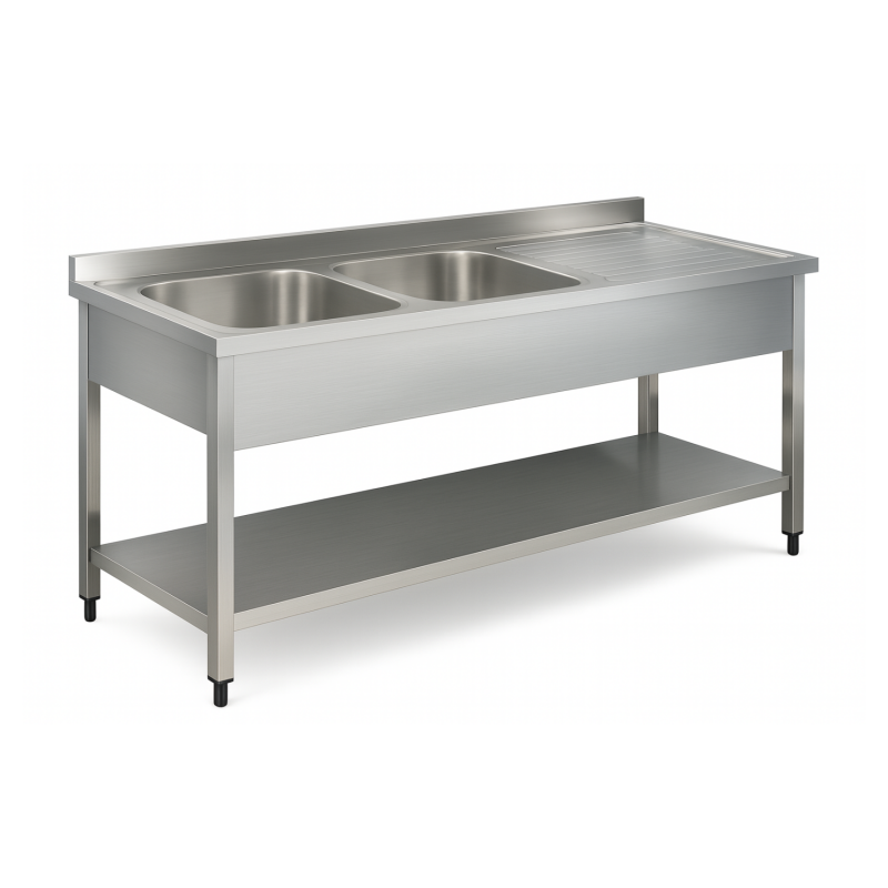 Plonge inox 2 bacs avec égouttoir à droite - 1400 x 600 mm