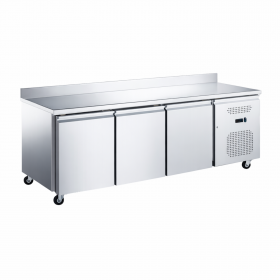 Desserte réfrigérée inox 3 portes avec dosseret et groupe latéral sur roulettes