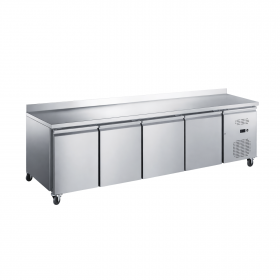 Desserte réfrigérée inox 4 portes avec dosseret et groupe latéral sur roulettes