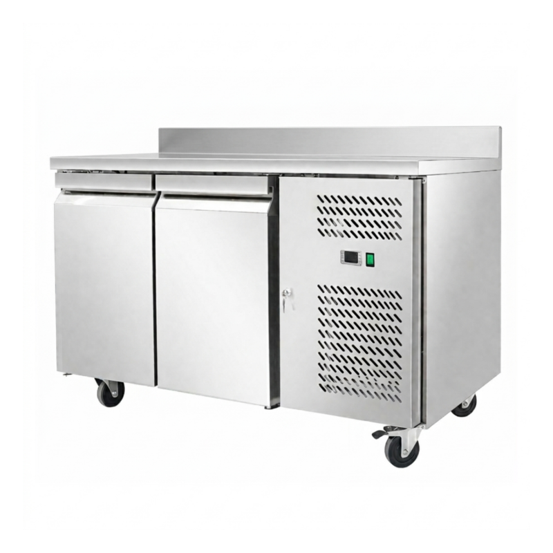 Desserte réfrigérée inox 2 portes avec dosseret et groupe latéral sur roulettes