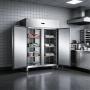 Armoire réfrigérée inox 2 portes ouverte, installée dans une cuisine professionnelle.