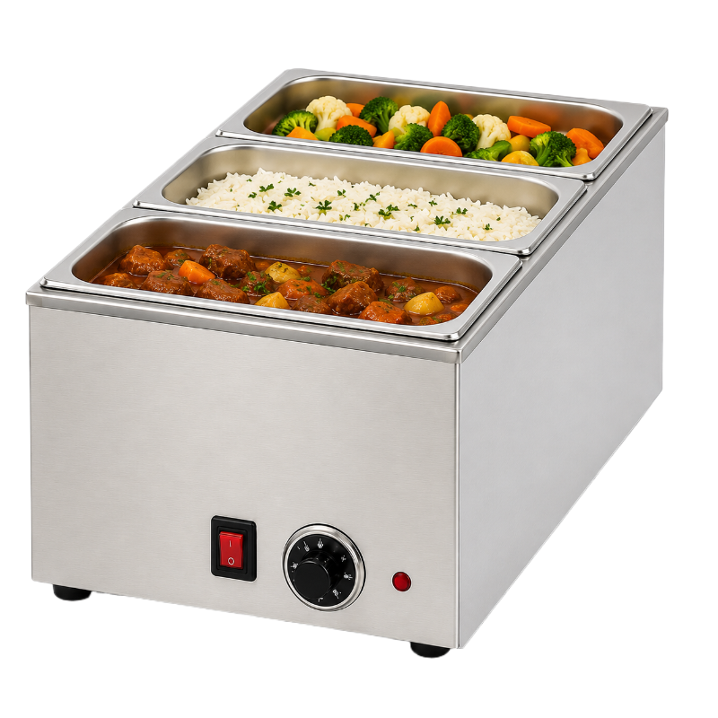 Bain-marie électrique sans robinet de vidange avec 3 bacs GN 1/3