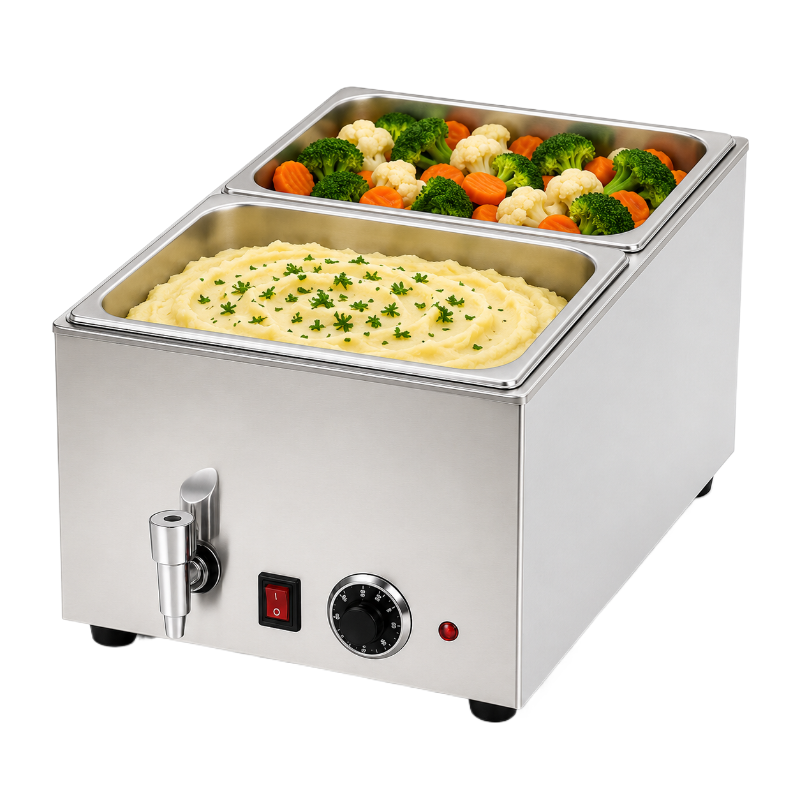 Bain-marie électrique avec robinet de vidange avec 2 bacs GN 1/2