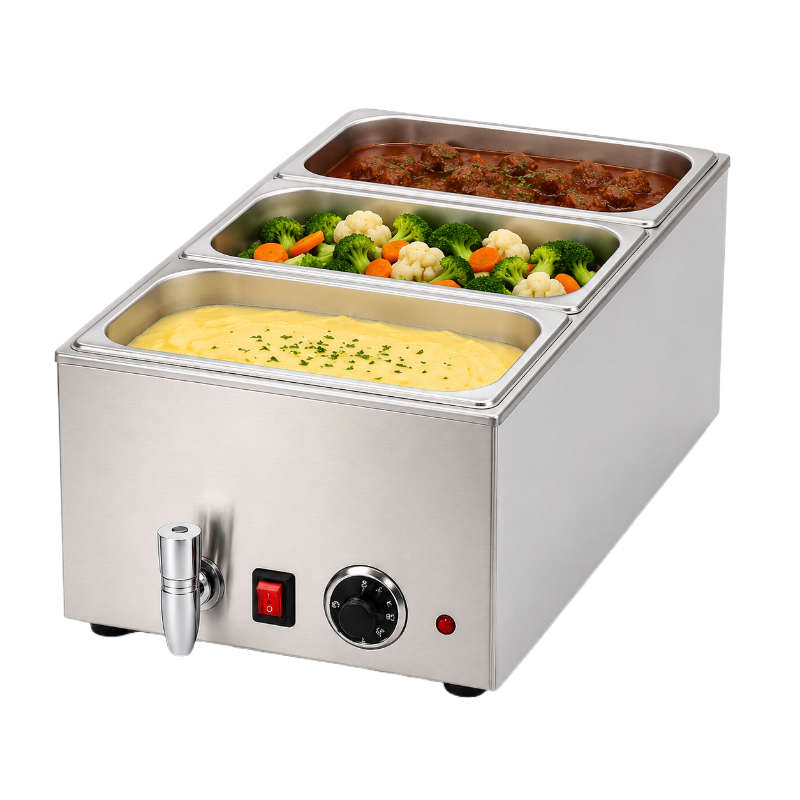 Bain-marie électrique avec robinet de vidange avec 3 bacs GN 1/3