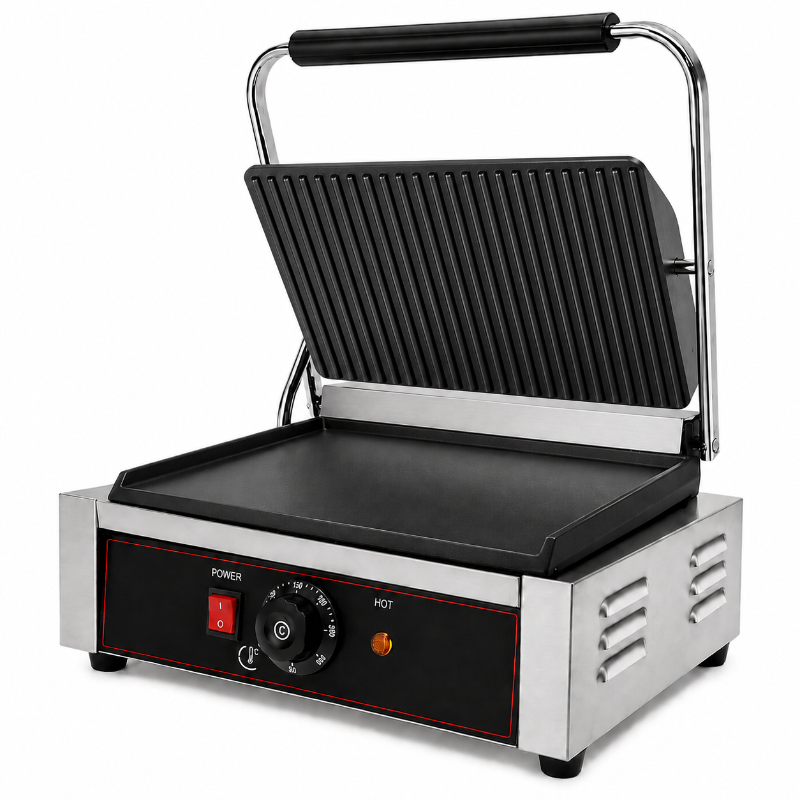 Grill contact électrique panini large plaques sup rainurées inf lisse
