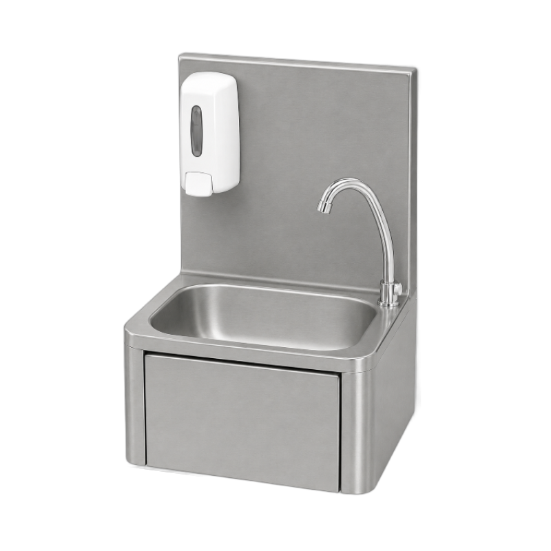 Lave-mains inox avec distributeur à savon et mitigeur à commande fémorale - eau chaude et froide