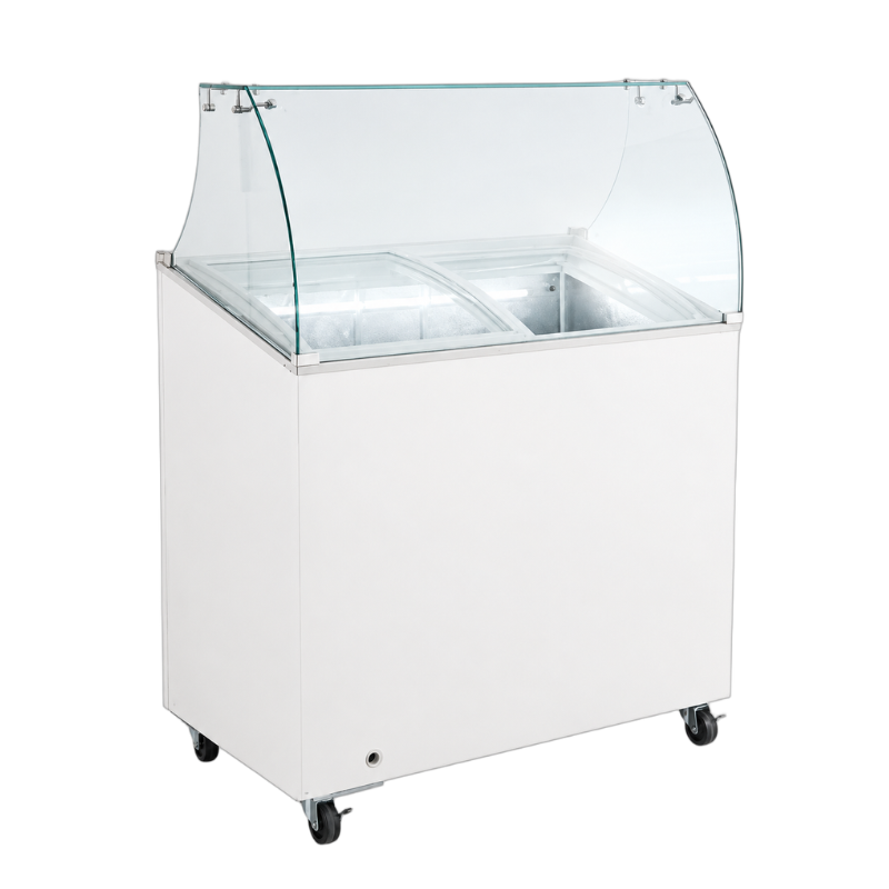 Vitrine à glace 950 mm avec canopy en verre incurvé et roulettes