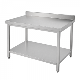 Table inox professionnelle adossée profondeur 700 mm avec étagère basse et pieds réglables