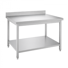 Table inox professionnelle adossée 1400 x 600 mm avec étagère basse et pieds réglables
