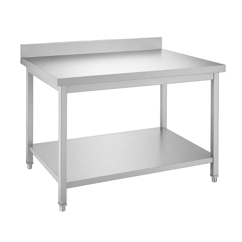 Table inox professionnelle adossée 1400 x 600 mm avec étagère basse et pieds réglables