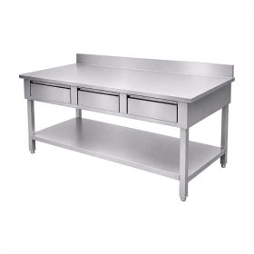 Table inox adossée 1600 x 700 mm avec 3 tiroirs et étagère basse