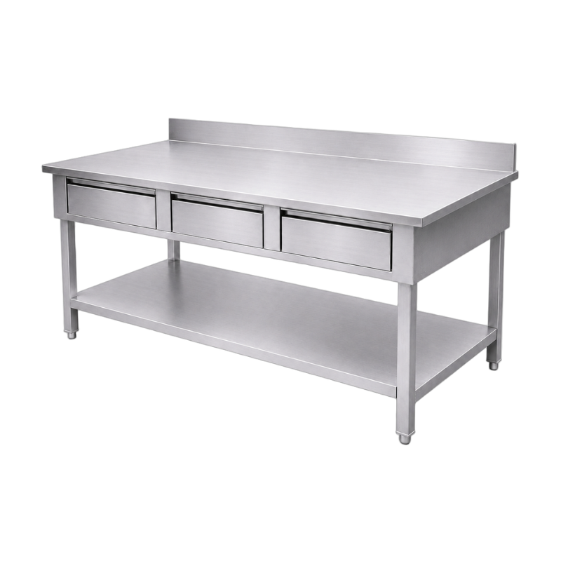 Table inox adossée 1600 x 700 mm avec 3 tiroirs et étagère basse