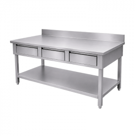 Table inox adossée 1800 x 700 mm avec 3 tiroirs et étagère basse