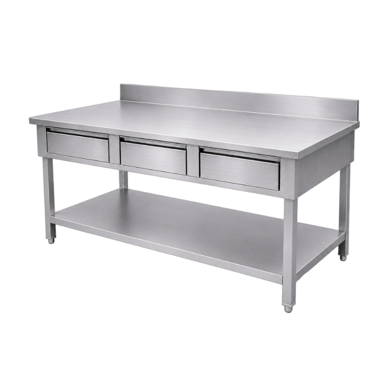 Table inox adossée 1800 x 700 mm avec 3 tiroirs et étagère basse