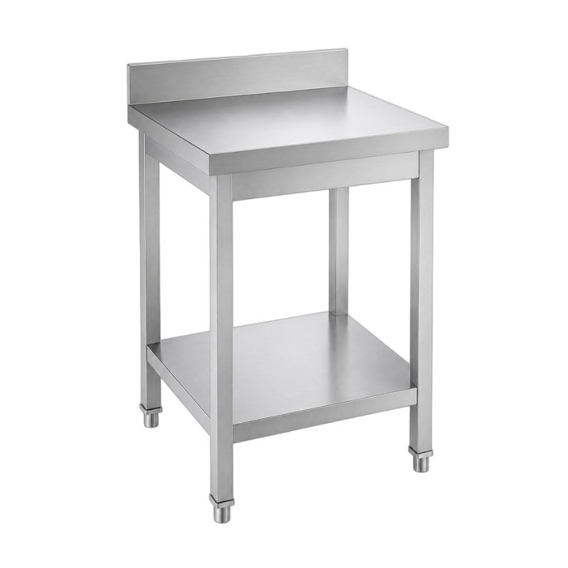 Table inox adossée 800 x 600 mm avec étagère basse et pieds réglables