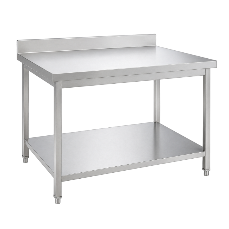 Table inox adossée 1000 x 600 mm avec étagère basse et pieds réglables