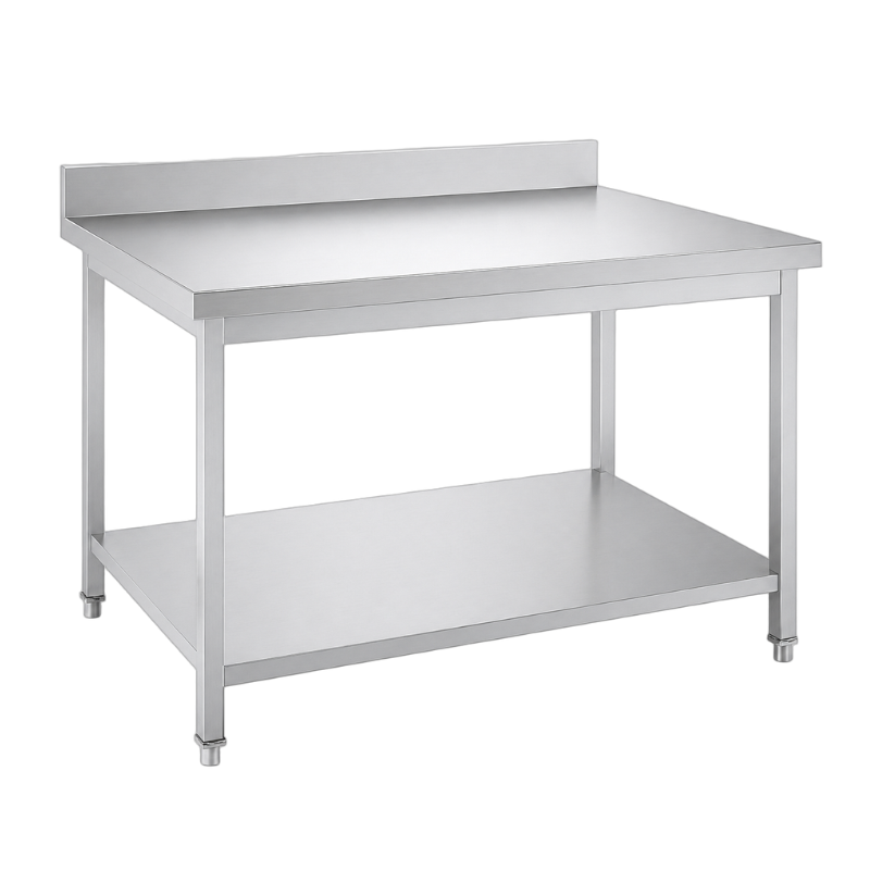 Table inox adossée 1600 x 600 mm avec tablette inférieure et pieds réglables