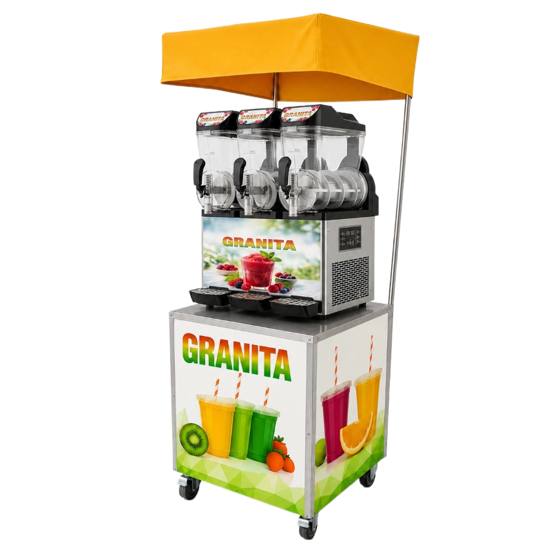 Machine à granita 3 x 15 L sur chariot avec parasol