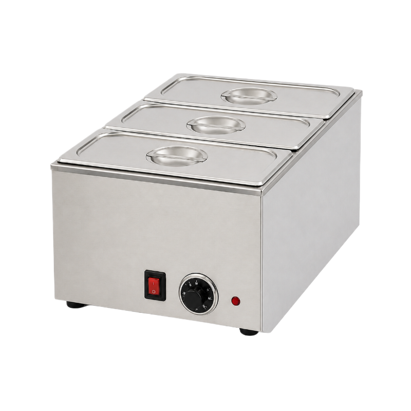 Bain-marie électrique sans robinet de vidange avec 3 bacs GN 1/3 et couvercles