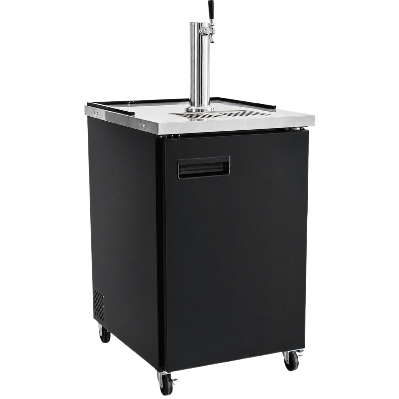 Tireuse à bière professionnelle noire sur roulettes, avec plateau supérieur en inox, colonne de tirage et robinet.