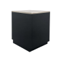 Vue en perspective du meuble comptoir noir avec plateau supérieur en acier inoxydable et socle fermé.