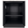 Vue arrière du meuble comptoir noir ouvert, équipé d’une étagère intermédiaire et d’un espace de rangement inférieur.