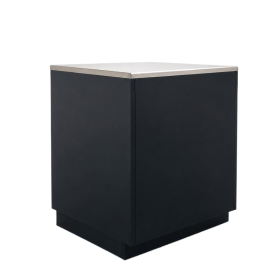 Vue trois quarts d’un meuble comptoir noir avec plateau supérieur en acier inoxydable.