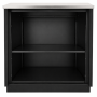 Vue intérieure du meuble comptoir noir ouvert, avec une étagère intermédiaire et un espace de rangement inférieur.