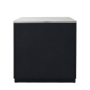 Vue de face du meuble comptoir noir fermé, avec plateau supérieur en acier inoxydable.