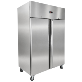 Armoire réfrigérée professionnelle inox à 2 portes pleines montée sur roulettes.