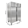 Armoire réfrigérée inox 2 portes sur roulettes, dimensions 1340 × 830 × 1990 mm.