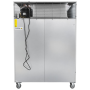 Vue arrière de l’armoire réfrigérée inox avec groupe frigorifique apparent et roulettes.