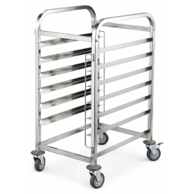 Chariot professionnel en inox à glissières, monté sur 4 roulettes dont une avec frein.
