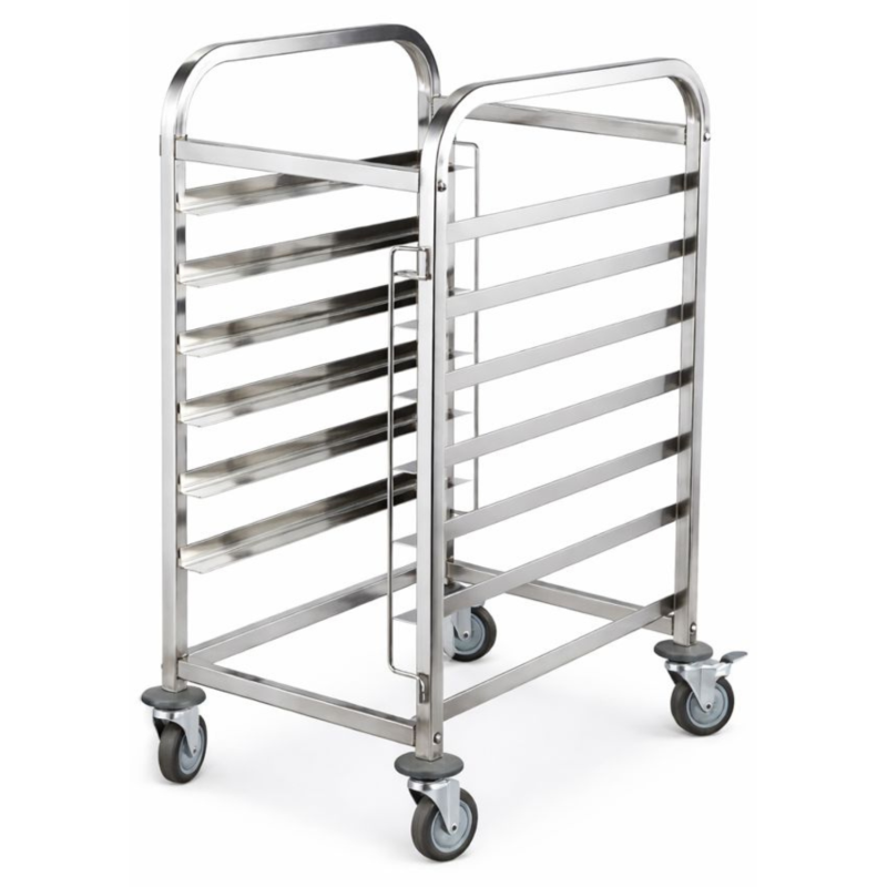 Chariot professionnel en inox à glissières, monté sur 4 roulettes dont une avec frein.