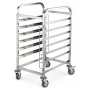 Chariot professionnel en inox à glissières, monté sur 4 roulettes dont une avec frein.