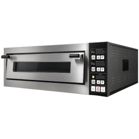 Four à pizza électrique professionnel en inox, porte vitrée fermée, poignée horizontale et panneau de commande situé à droite.