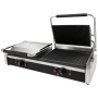 Grill panini professionnel double en inox, avec un côté fermé et un côté ouvert laissant apparaître les plaques rainurées.