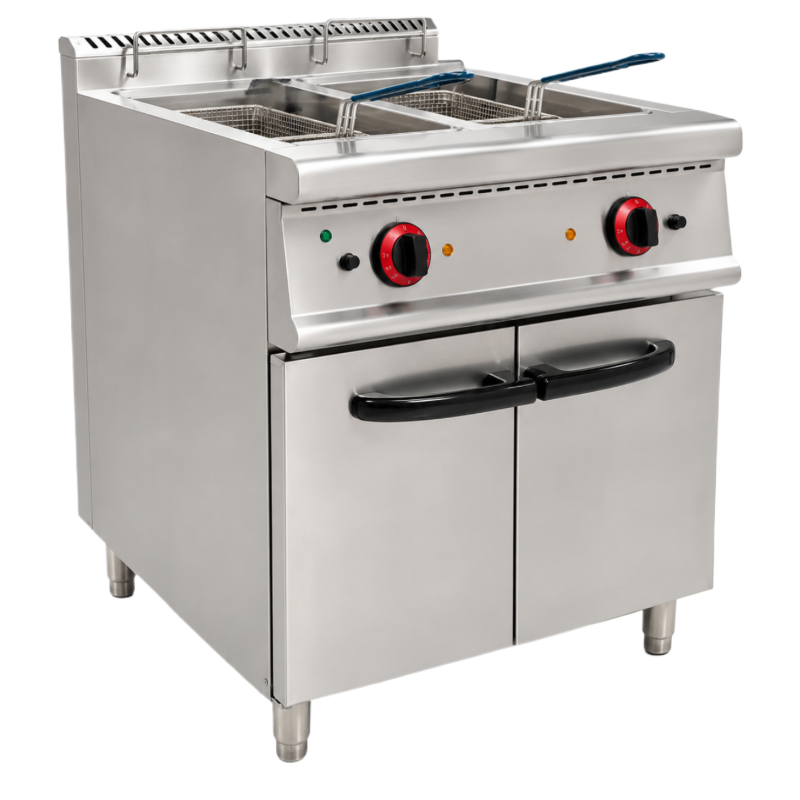 Friteuse professionnelle double cuve en inox avec deux paniers, commandes frontales et meuble inférieur à deux portes.