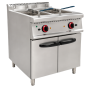 Friteuse professionnelle double cuve en inox avec deux paniers, commandes frontales et meuble inférieur à deux portes.