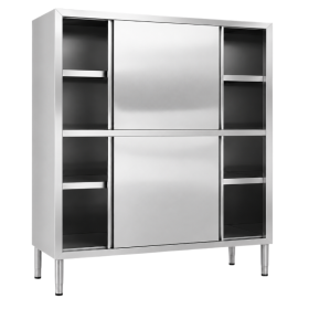 Armoire haute professionnelle en inox avec portes coulissantes, étagères intérieures et quatre pieds réglables.