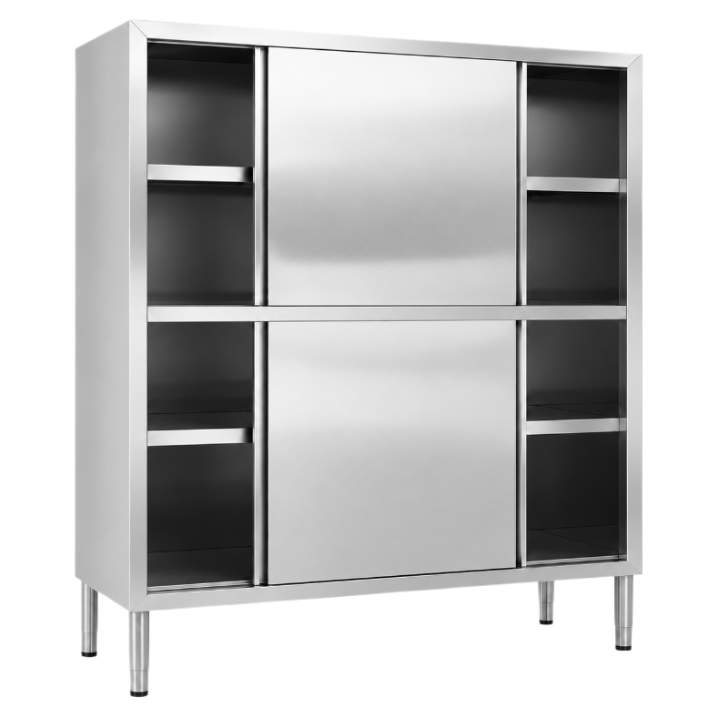 Armoire haute professionnelle en inox avec portes coulissantes, étagères intérieures et quatre pieds réglables.